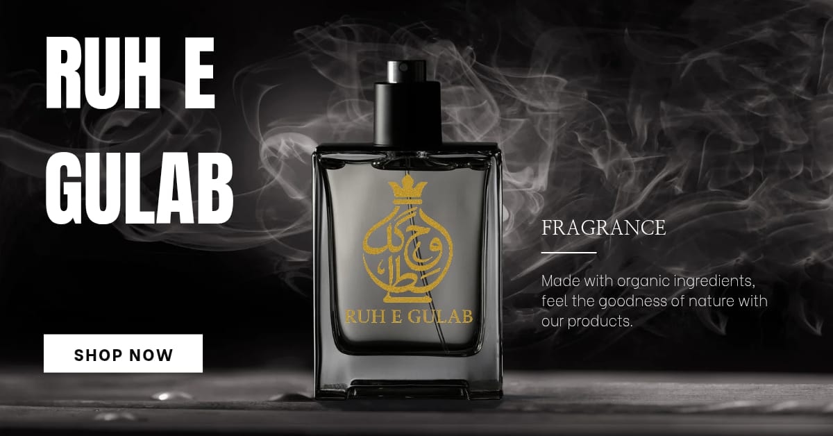 Ruh e Gulab perfume bottle with smoke effect on a dark background